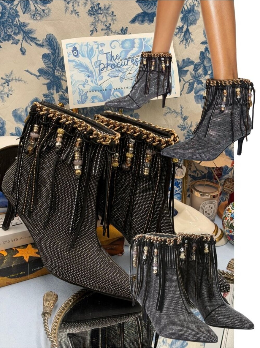 🆕 KURT GEIGER LONDON 🧿 NWOB Fringe Bead Boot, Black/Silver Crystal - Sz 8.5